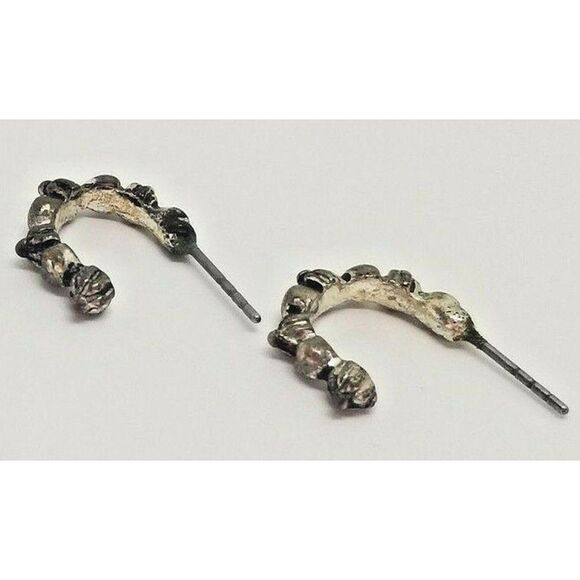 Earrings Small Silver Toned Hoops Pierced 1 Pair Detailed Beaded Small Hoops - Picture 5 of 9